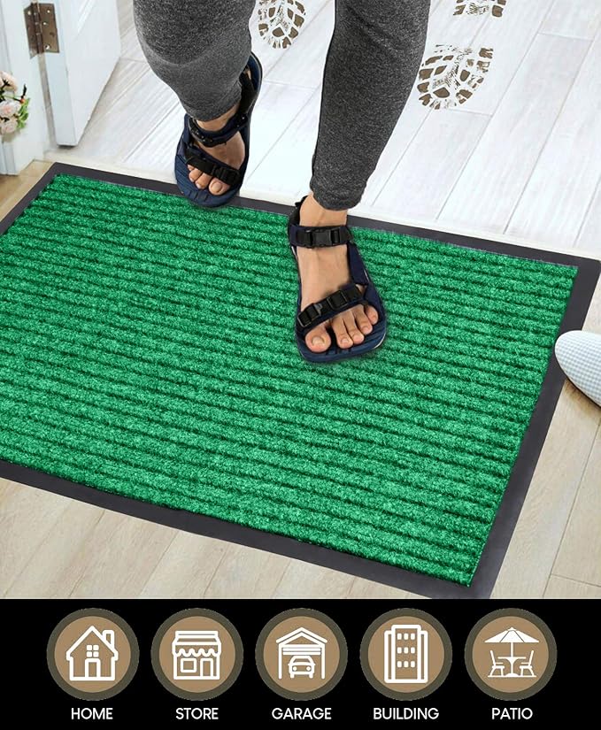 LuxUrux Striped Green Door Mat - Heavy Duty, Indoor/Outdoor, Easy Clean, Waterproof, Low-Profile (24'' x 16'') - Ideal for Entry, Patio, Garage - Durable Solution for High Traffic Entrance Ways