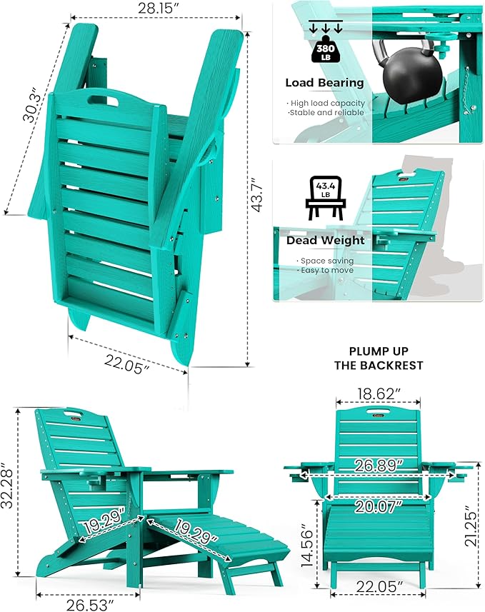 Ciokea Folding Adirondack Chair Set of 6 with Retractable Ottoman Fire Pit Patio Chair with Pull Out Foot Rest Weather Resistant Lawn Outdoor Chair with 2 Cup Holder (Lake Blue)