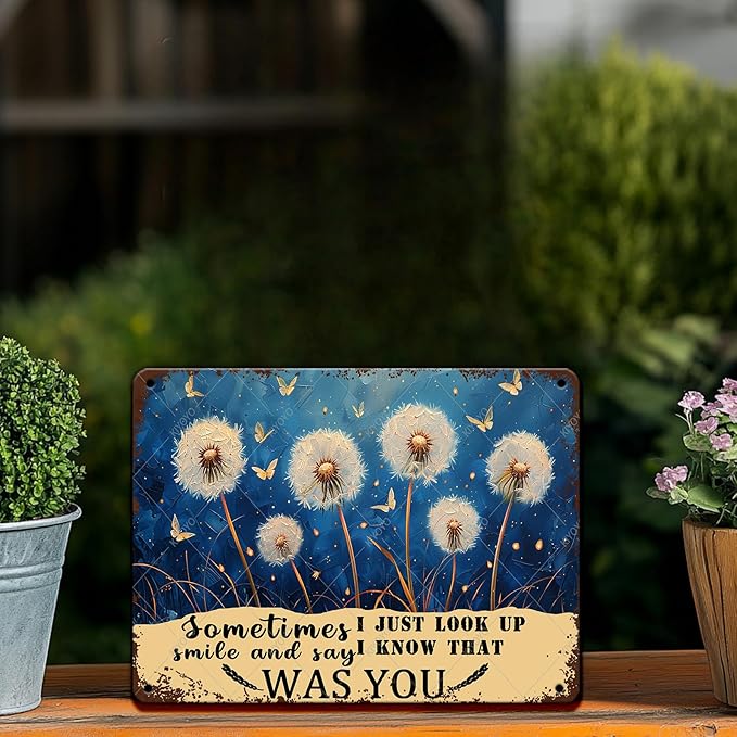 Dragonfly Dandelion Vintage Tin Sign Just Look Up Smile Say I Know That Was You Wall Art Decor for Home Living Room Bedroom Office Cafe Decoration 16x12 Inch
