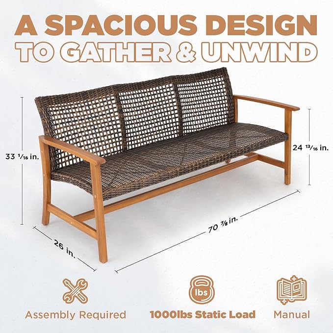 Idzo Trinite 1000lbs Capacity Acacia Outdoor Sofa, FSC Certified 3 Seater Patio Couch with Upgraded 2000Hours UV Resistant Wicker, Teak Finish Furniture Set