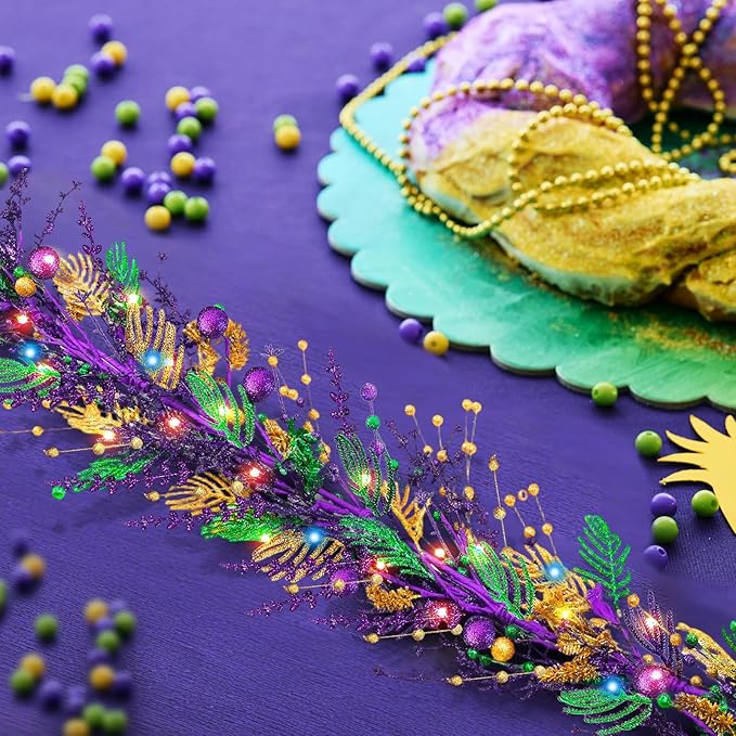 6 Ft Mardi Gras Purple Green Gold Glitter Vine Garland for Front Door Carnival Party Wreath Glitter Hanging Garland Mardi Gras Party Home Decor Garlands for Indoor Outdoor Mantle Staircase Railing