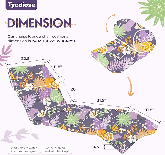 Chaise Lounge Cushions Outdoor Set of 2, 74.4 x 22 x 4.7 Inches Thickened Lounge Chair Cushions Waterproof for Outdoor Furniture with Ties, Non-Slip Patio Lounge Cushions, Purple Floral Leaf