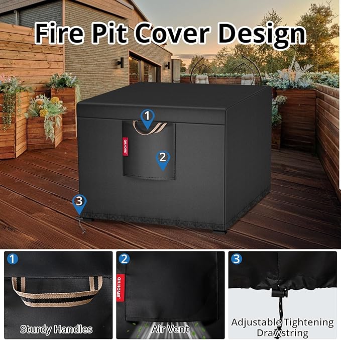 QH.HOME [2026 Upgraded 900D Fabric] Fire Pit Cover for Fire Pit, Super Waterproof fit for Propane Fire Pit Table, Square 28''Lx28''Wx 24"H -Black