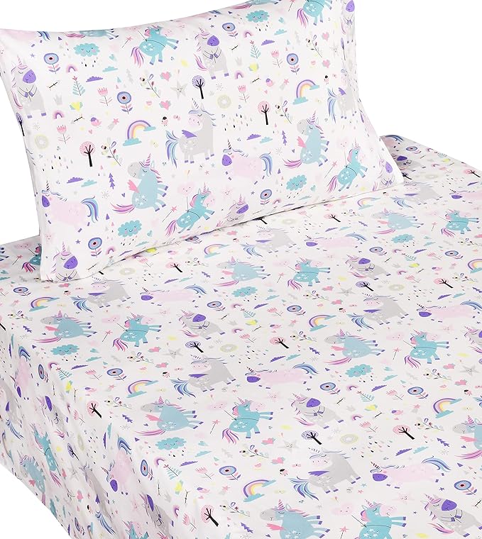 Scientific Sleep Cute Unicorn Flower Rainbow 100% Cotton Cozy Twin Bed Sheet Set, Flat Sheet & Fitted Sheet & Pillowcase Natural Bedding Set (Unicorn, Twin)