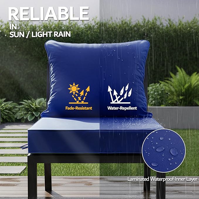 19x19 Inch Patio Chair Cushions Set of 2, Outdoor Furniture Cushions - Removable Cover, Water-Repellent, Fade-Resistant, Non-Slip Bottom & Straps, Replacement for Lawn, Porch & Deck Chair - Navy
