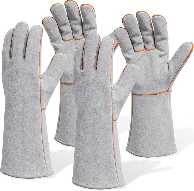 2 Pairs 14” Leather Fireplace Gloves for Men Women Long Heat Resistant Fireplace Hearth Gloves Wrist Protection Fireproof Stitching Grill Glove for Fire, Stove, Oven, BBQ, Grilling, Welding