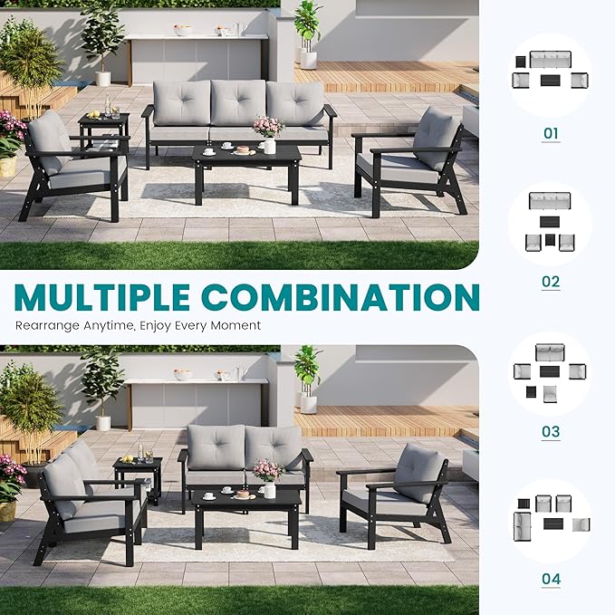7-Piece HDPE Patio Furniture Set, Outdoor Sectional Sofa Set,All Weather Outdoor Couch with Dust-Free Cushions, Durable Patio Conversation Sets for Balcony, Porch, Black