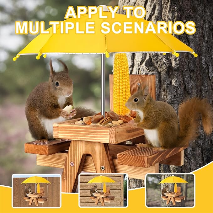 Gnodary Squirrel Feeder with Umbrella, Squirrel Feeders for Outside, Squirrel Picnic Table Feeder - Chipmunk Feeder Hold Corn, Corn Cob, Peanuts (Yellow)