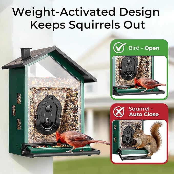 TT Nature Smart Bird Feeder with Camera Solar Powered Squirrels-Proof, AI Identify Bird Species & Instant Arrival Notification Camera, Data Security, Metal Case 3.2L Large Capacity Gift, Green