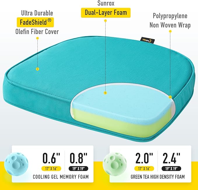 SUNROX Gel Memory Foam Chair Cushions, FadeShield Water-, Stain-Resistant Durable Reversible Seat Cushion Pads with Ties for Indoor/Outdoor Kitchen Dining Office 17"x16" Set of 6, Turquoise