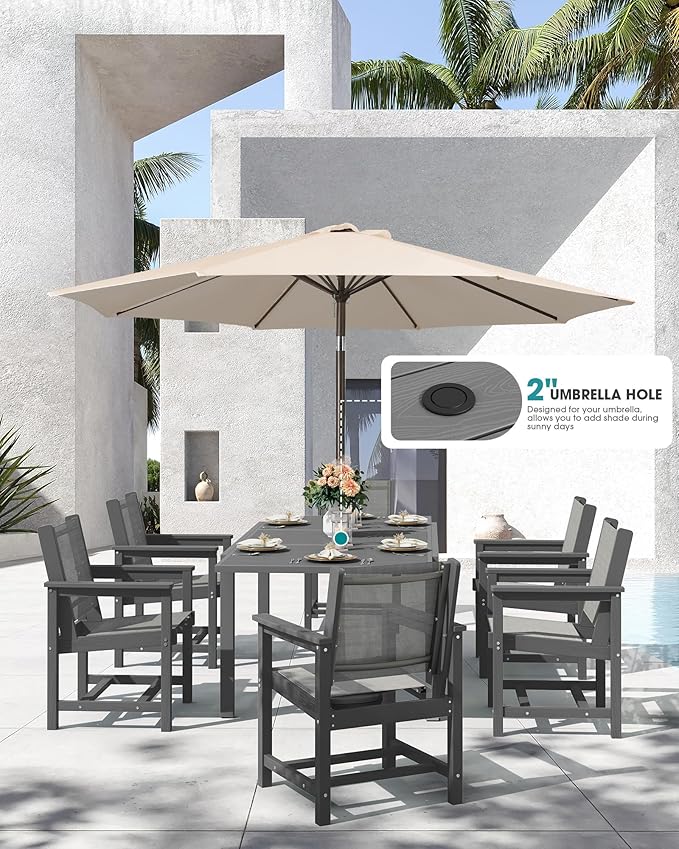 SERWALL 5-Piece Outdoor Table and Chairs, 60" - 83" Expandable Outdoor Dining Table with 4 Breathable Textilene Chairs, All Weather HDPE Patio Furniture Set for Backyard, Garden, Grey