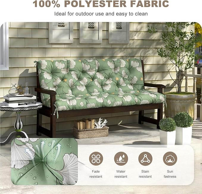 Porch Swing Cushion with Backrest,Waterproof Bench Cushion for Outdoor Furniture,2-3 Seater Replacement Thickened Swing Cushion with Ties,Patio,Outdoor,Backyard and Garden (Ginkgo Breeze,47x40")
