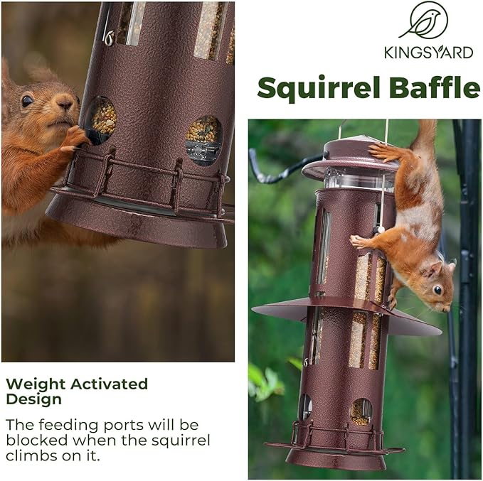 Kingsyard Squirrel Proof Bird Feeder for Outdoors Hanging, Metal Wild Bird Feeders with Removable Base and Baffle, Easy to Clean & Refill, 3 lbs Large Seed Capacity, Antique Copper