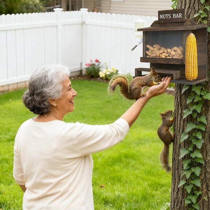 Squirrel Feeders for Outside, Nut Bar Squirrel Feeder, 11.8" Large Squirrel Picnic Table Peanut Corn Cob Feeder, Durable Wooden Chipmunk House Box for Corn Peanuts, Funny Squrrill Nuts Bar