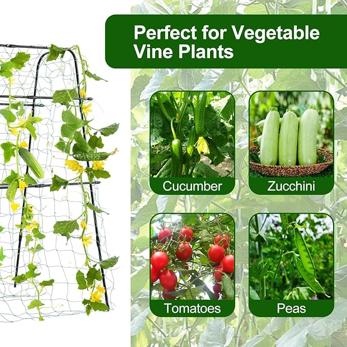 Garden Trellis for Climbing Plants Outdoor, Metal Cucumber Trellis Plant Support for Outdoor Vegetables Fruits Flowers Vines Cucumber Trellis Raised Bed, with Nylon Netting, 63" Hx 63" L, Black