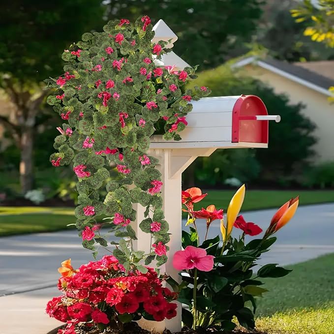 CISDUEO 2 Pcs Spring Summer Flower Garland Geranium Artificial Garland Outdoors Rose Red Geranium Artificial Flowers UV Resistant Hanging Basket Floral Garland for Porch Farmhouse Centerpiece Decor