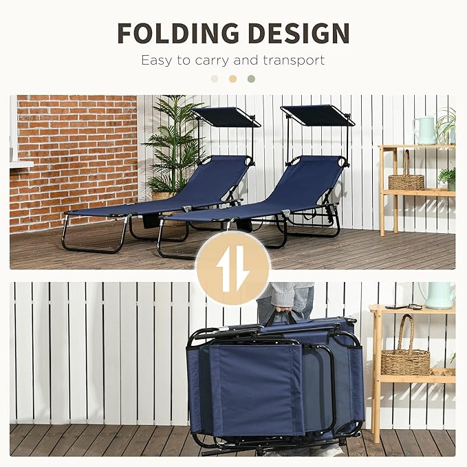 Outsunny Folding Chaise Lounge Pool Lounge Chairs Set of 2, Outdoor Sun Tanning Chairs with Canopy Shade, Reclining Back, Steel Frame and Side Pocket for Beach, Yard, Patio, Dark Blue
