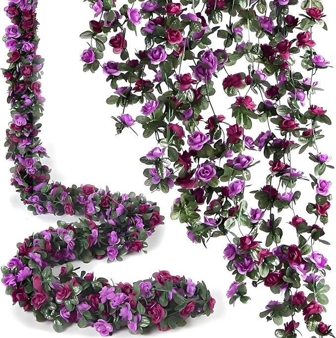 5 Pcs 8FT Flower Garland Artificial Flowers for Outdoors Fake Rose Vine Ivy Silk Flowers for Decoration/Anniversary/Wedding Birthday/Christmas/Home Decor/Garden Decor (Purple)
