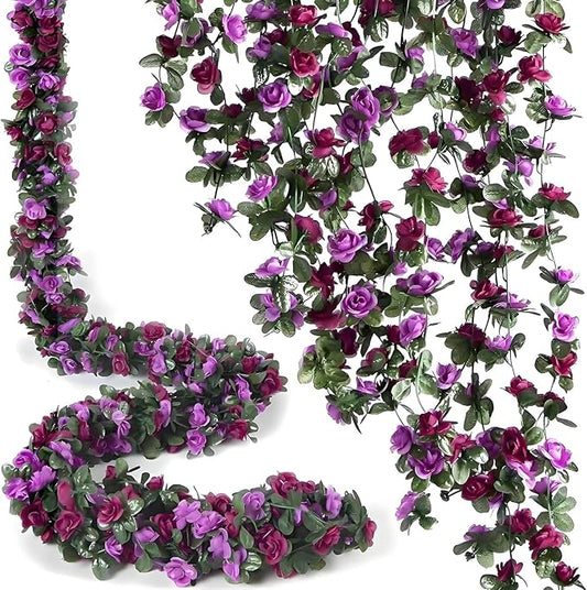 5 Pcs 8FT Flower Garland Artificial Flowers for Outdoors Fake Rose Vine Ivy Silk Flowers for Decoration/Anniversary/Wedding Birthday/Christmas/Home Decor/Garden Decor (Purple)