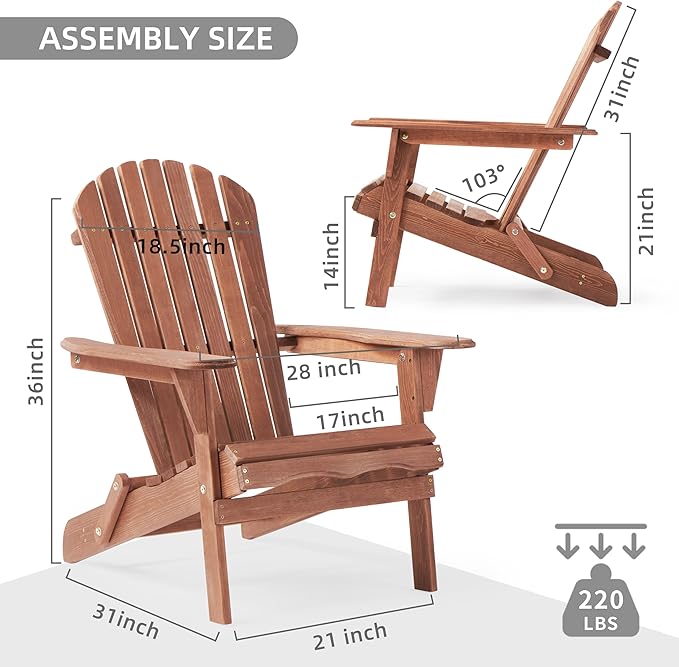 SoliWood Outdoor Wooden Folding Adirondack Chair Set of 6 with Pre-Assembled BackRest, Wood Patio Chair for Garden Backyard Porch Pool Deck Firepit