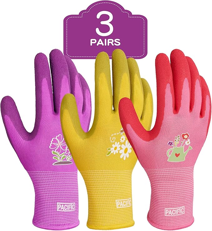 PACIFIC 3 Pairs Gardening Gloves for women, Rubber Coated Garden Gloves, Ladies Yard Work Gloves, Breathable, Purple & Yellow & Red, Small