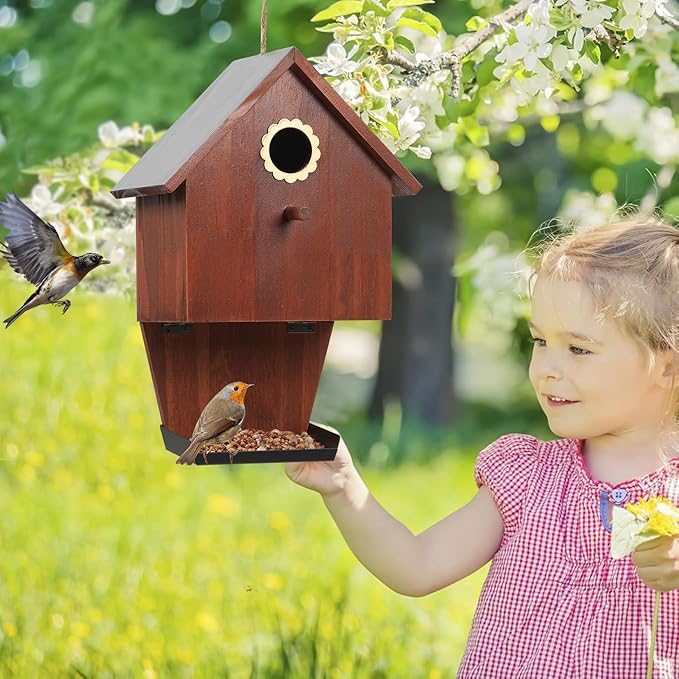 Bird Houses for Outsid,Wood Birdhouse,Hanging Bird Feeder,Garden Wild Bird Feeders for Bluebird Finch Cardinal Hummingbirds Chickadee Wren, Gift for Bird Lovers