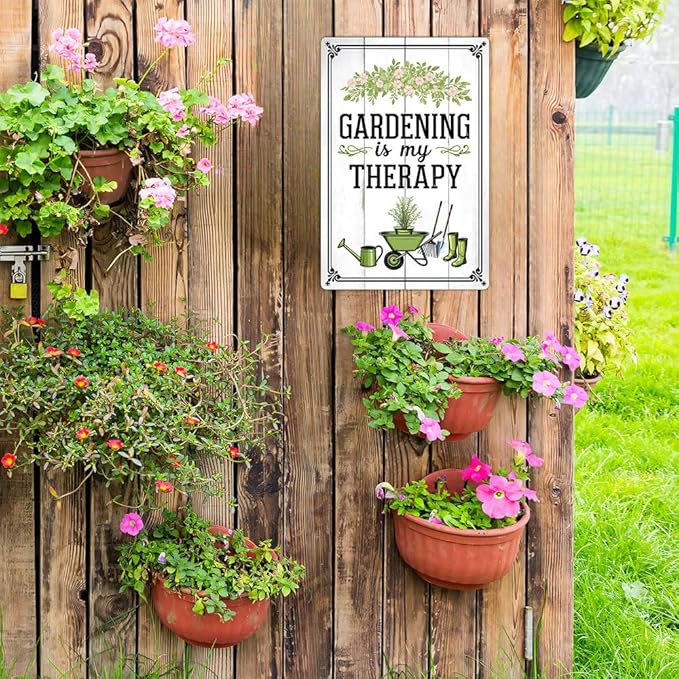 Funnysign Vintage Gardening Tin Sign – “Gardening Is My Therapy” – Floral Farmhouse Wall Art, Rustic Garden Metal Decor, Perfect for Patio, Porch, Greenhouse, or Indoor Home Display, 8×12 Inch (9820)