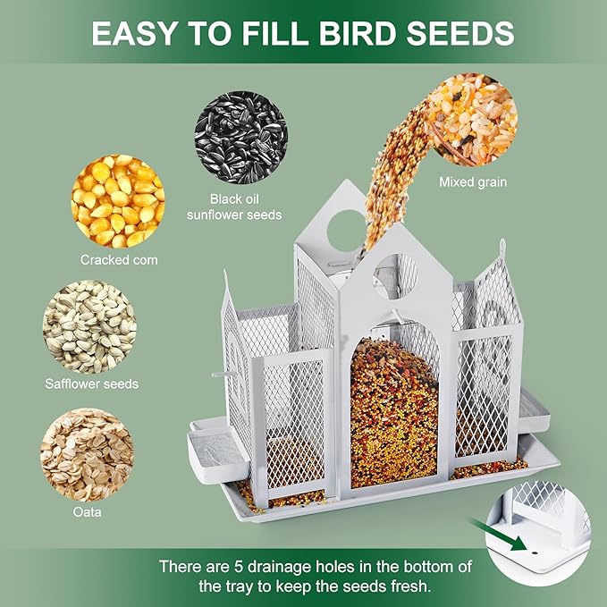 Solar Bird Feeder House for Outside Hanging, Large Capacity Birdhouse Bird Feeders Hanging for Outdoors, Metal Mesh Wild Birdfeeder for Finch Cardinal, White and Black