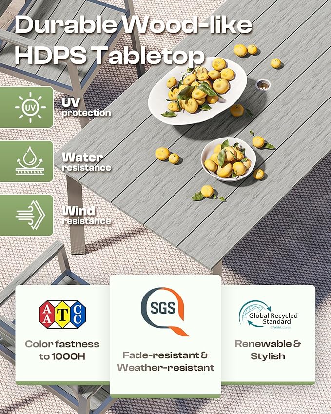 Outdoor Dining Set for 6, Patio Table and Chairs Set with Umbrella Hole, 7 Pieces HDPS + Aluminum Outdoor Furniture Sets for Patio, Garden (Sliver)