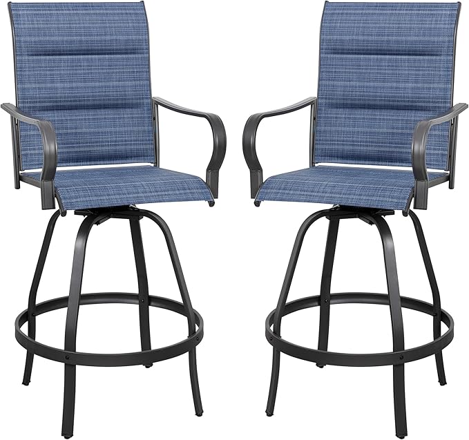 Vongrasig 2 Piece Outdoor Patio Swivel Bar Chairs, All Weather Padded Sling Textile High Top Bar Stools, Bistro Set for Backyard, Lawn Garden, Balcony, Padded Blue