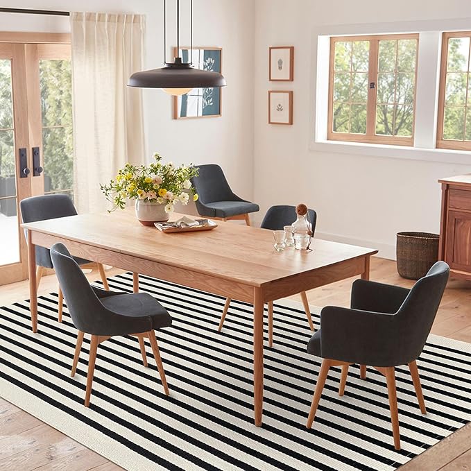 IOHOUZE Black Beige Striped Rug -5'x8' Indoor Outdoor Rug, Washable Area Rug for Living Room, Large Patio Rug, Cotton Striped Rugs for Patio Living Room Bedroom