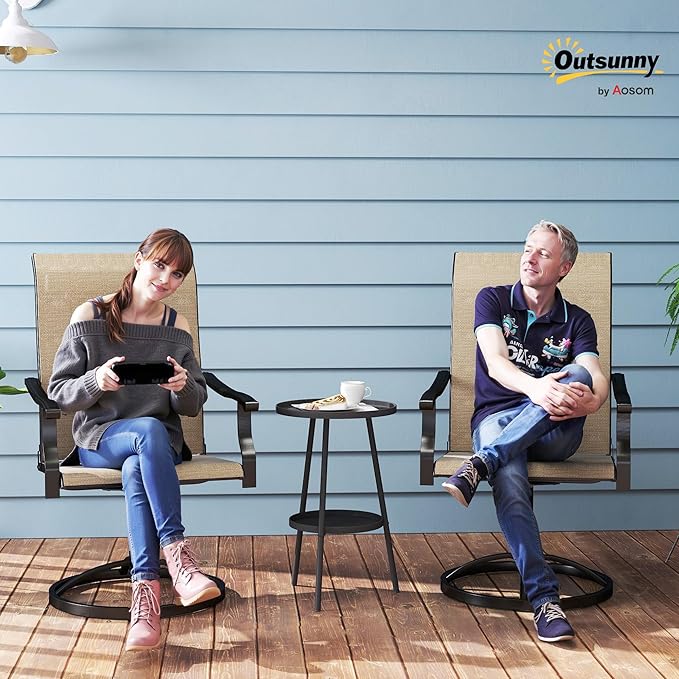 Outsunny Outdoor Patio Swivel Chairs Set of 2, High Back Patio Dining Chairs with All-Weather Mesh Fabric and Metal Frame for Backyard, Lawn, Porch or Garden, Brown