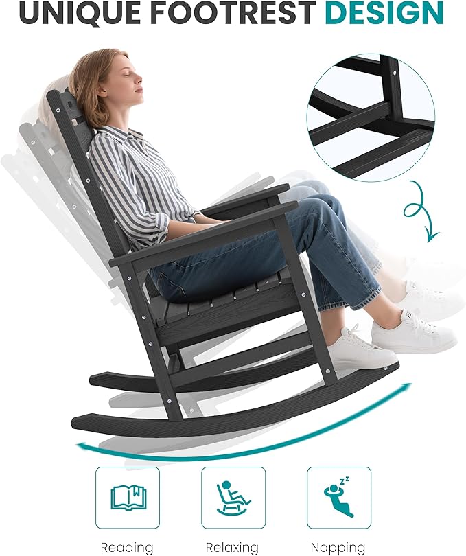 SERWALL Outdoor Rocking Chair Set of 4, Oversized HDPE Patio Rocking Chair with Footrest for Adults, All Weather Porch Rocker for Deck Patio Balcony, Black