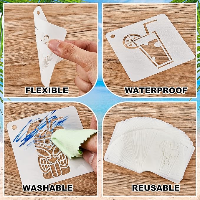 80 Pieces 3 x 3 Inch Summer Hawaii Themed Reusable Plastic Art Craft Kits for DIY Painting Art Projects Wood Wall Floor Fabric Furniture Tile Holiday Stencils Decorations Beach Stencils Craft Kits