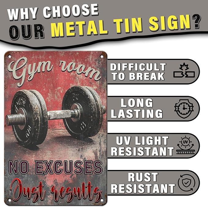 PEACHGARDEN No Excuses Just Results Gym Wall Art Vintage Tin Sign Poster for Home Gym Weightlifting Dumbbell Fitness Decor 8x12inch