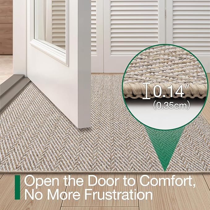 LUMI Ultra Thin Indoor Door Mat for Entrance 17"x30", Non Slip Entryway Mat, Low Profile Doormat, Unique Herringbone Design Carpet for Inside, Patio, Porch, Beige