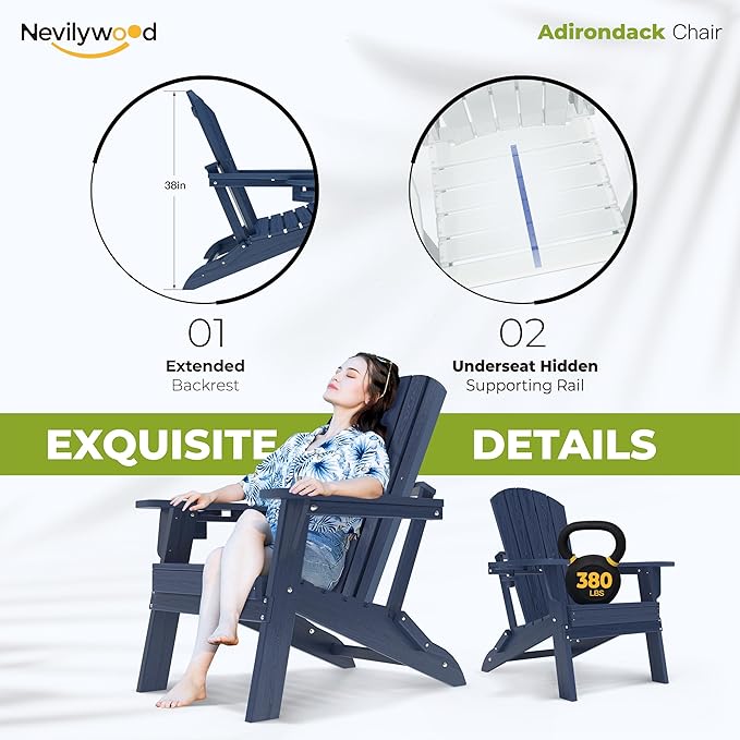 nevilywood Folding Adirondack Chair with Cup Holder Set of 4, HDPE Patio Chairs,All-Weather Outdoor Chairs for Backyard, Deck,Fire Pit-NavyBlue