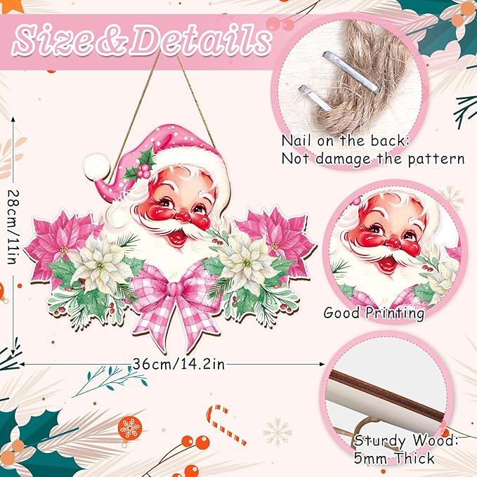 Whaline Christmas Wooden Hanging Sign Pink Xmas Santa Flower Welcome Wood Sign Vintage Santa Door Decor Signs for Indoor Outdoor Porch Wall