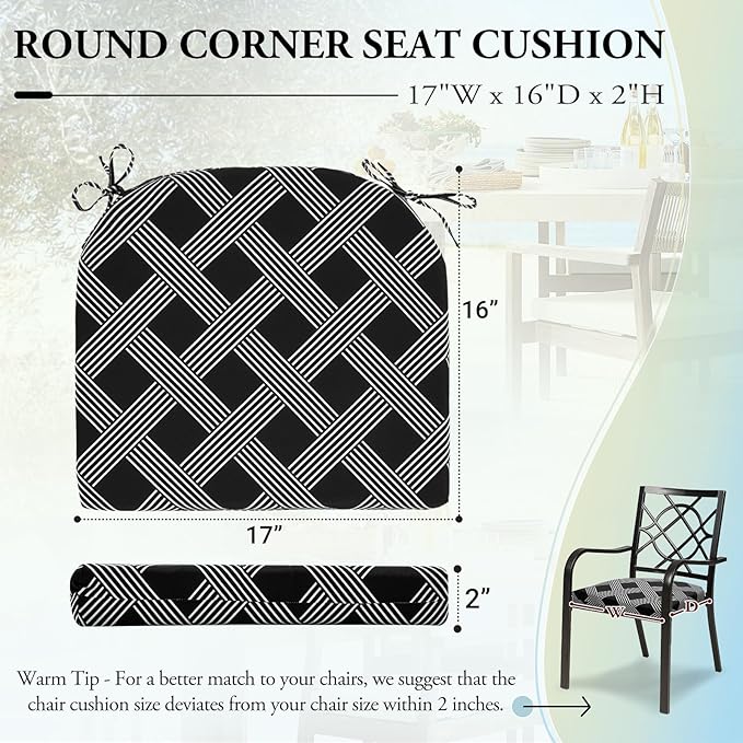 Wellsin Outdoor Chair Cushions for Patio Furniture - Patio Chair Cushions Set of 4 - Water Resistant Round Corner Outdoor Seat Cushions 17"X16"X2", Black Geometry