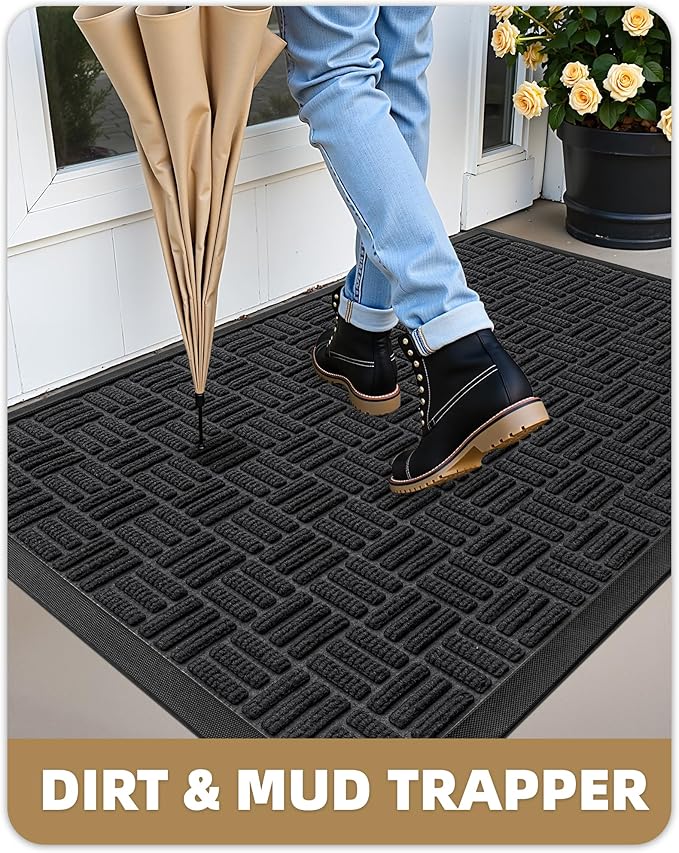 Color&Geometry Large Front Door Mat Outside Entrance, Heavy Duty Non Slip Low Profile Doormat for Entryway, Trap Dirt and Moisture Welcome Mats All-Weather, Easy Clean, Patio, Garage, 48"x72" Black