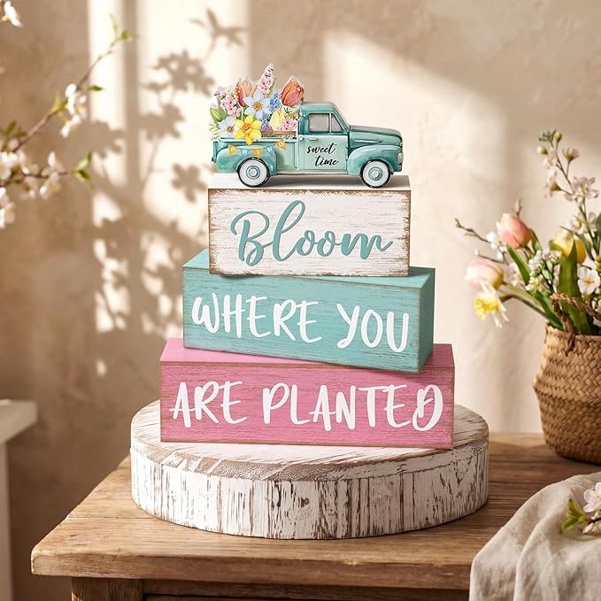 4 Pcs Spring Table Decorations Wooden Truck Floral Block Sign Rustic Flower Tabletop Centerpiece Farmhouse Distressed Easter Spring Decor for Home Office Desk Tiered Tray Decor