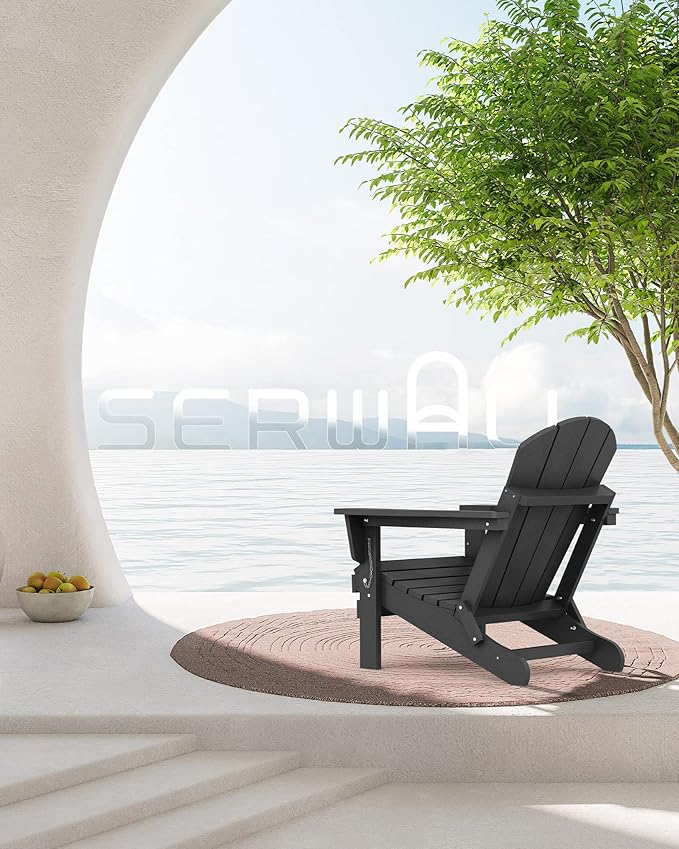 SERWALL Folding Adirondack Chairs Patio Chairs Lawn Chair Set of 6 Outdoor Adirondack Chair Weather Resistant for Patio Deck Garden, Backyard Deck, Fire Pit - Black
