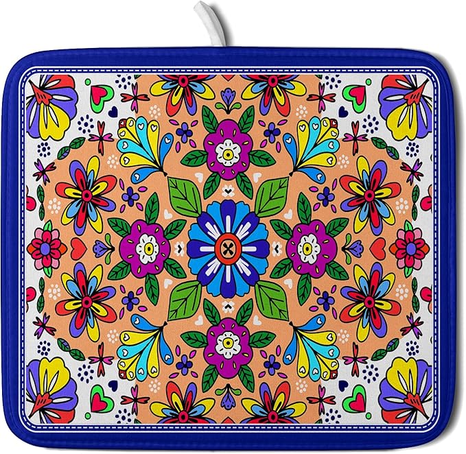 Mexican Talavera Dish Drying Mat Navy Blue Microfiber Dish Drain Pad for Kitchen Decor