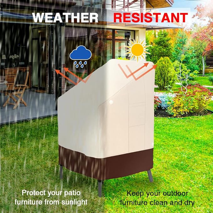 Tuyeho Patio Stackable Chair Cover 36 x 28 x 47 inch, 900D Heavy Duty Outdoor High Back Cover, Waterproof & Weather Resistant for Your Stackable Dining Chair (Beige & Brown)