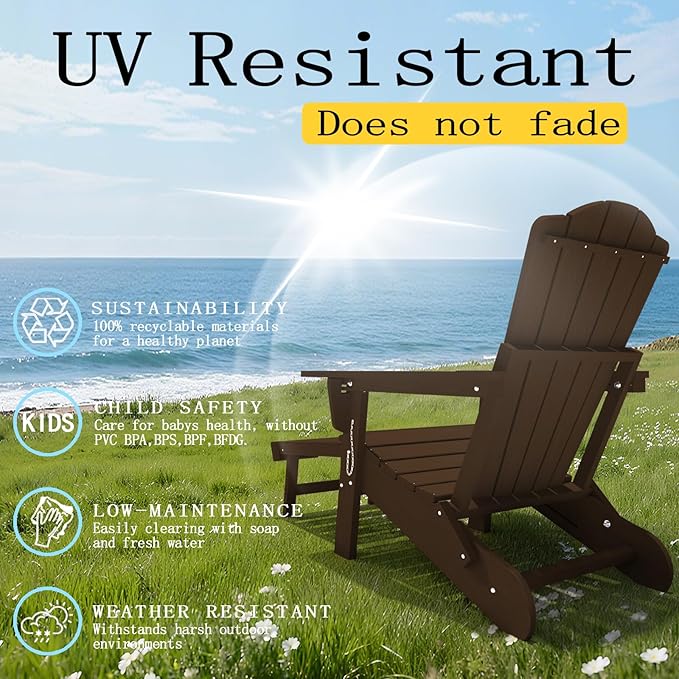 Folding Adjustable Adirondack Chairs with Ottoman & 1 Cup Holders Set of 2, HDEP Multifunctional Adirondack Chair with Footrest,Brown