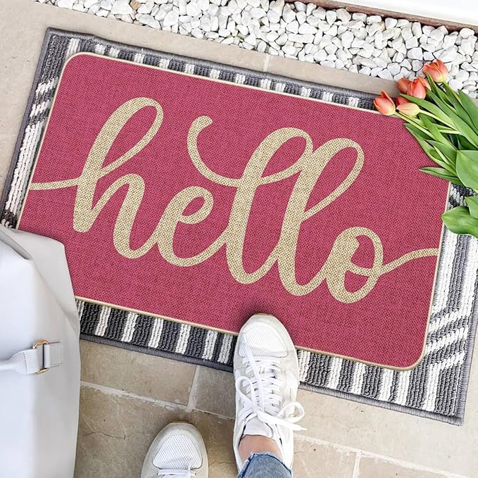 Artoid Mode Pink Hello Spring Doormat, Summer Home Decor Low-Profile Switch Rug Door Mat Floor Mat for Indoor Outdoor 17x29 Inch