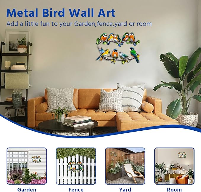 Metal Bird Outdoor Wall Art Decor - Hummingbird Wall Silhouette Art, Bird on Branch Wall Sculpture Hanging Indoor Outdoor for Your Yard, Garden and Patio (2 Pack)