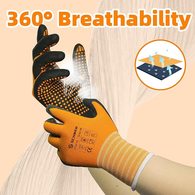 Schwer 6 Pairs LT5619 Work Gloves Micro-Foam Nitrile Coated, Level 4 Abrasion Resistant Nylon Working Gloves with Micro Dot Grip for Men Women, Touchscreen, for Automotive Electronic Assembly, Medium