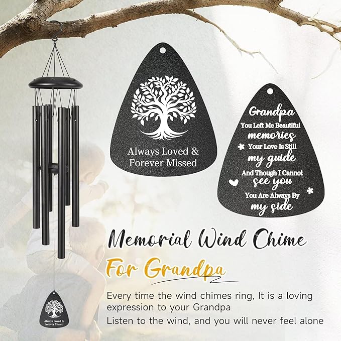 Memorial Gifts for Loss of Grandpa, 25''Memorial Wind Chimes of Sympathy Gifts for Loss of Grandpa,Condolence/Bereavement/Remembrance Gift,Windchimes in Memory,Funeral Decor for Garden Outside,Black