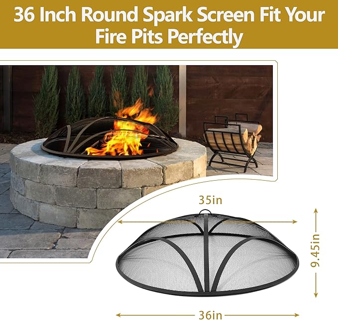 WeCooper 36In Reinforced Steel Round Fire Pit Screen Cover,Outdoor Patio FirePit Spark Screens,Heavy Duty Steel Mesh Fire Pit Ember Lid with Handle